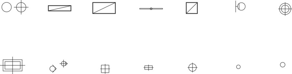Obraz premium Technical vector drawings of office printers, computer hardware, furniture layouts, bathroom fixtures, tree symbols, and architectural CAD notations.