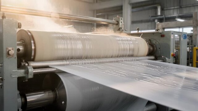 Medium shot of a shoe press gently compressing a wet paper web to extract water highlighting smooth mechanical action and steam heat application.