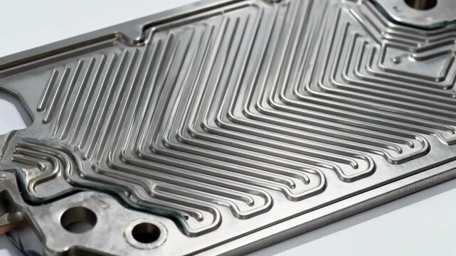 Closeup medium shot of disassembled stainless steel plates from a pasteurizer plate heat exchanger highlighting intricate flow channels and gasket grooves.