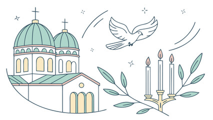 White church with green domes and cross, dove flying above candelabra with leaves © CDMIZAN