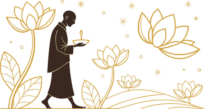 Visak Bochea Day monk walking with candle surrounded by lotus flowers gold
