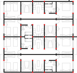 Technical vector drawings for interior design, including kitchen appliances, cutlery sets, dining layouts, and balustrades.