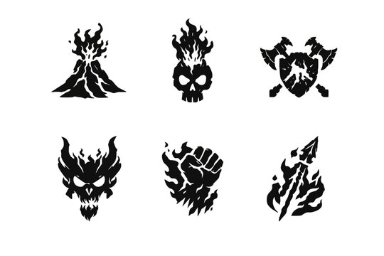 Displaying six dark graphic symbols of a demon hood, flaming skull, shield with axe, horned face, fiery fist, and sword blade in a studio frontal view