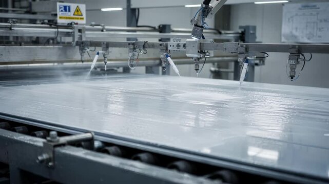 Medium shot of fireretardant panels being coated with a protective layer to enhance flame resistance and ensure safety in building construction.