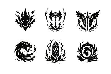 Viewing a curated set of six black-and-white abstract fantasy illustrations arranged in two rows on a plain white surface