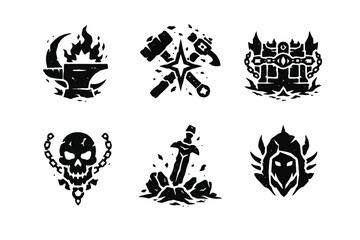 Obraz premium Bold black-and-white industrial emblem set featuring moon, hammer, shield, skull, and pickaxe icons displayed on white background