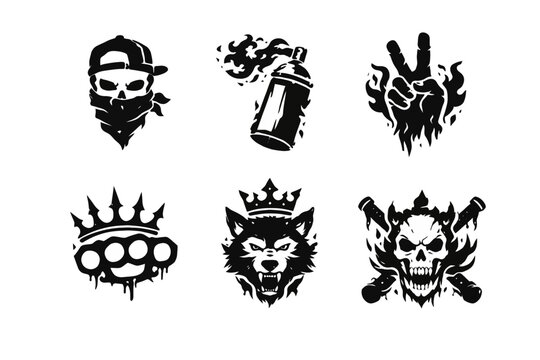 Close‑up view of black‑white icons showing a skull with cap, spray can, peace‑hand, spiked knuckleduster and crowned wolf head on white backdrop