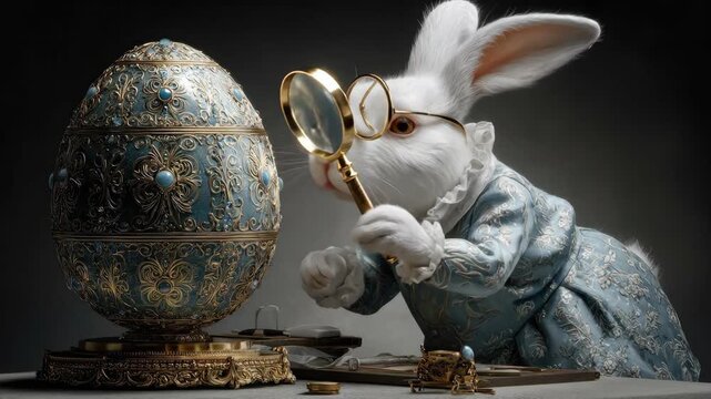 White rabbit examining ornate blue faberg&eacute; egg with magnifying glass