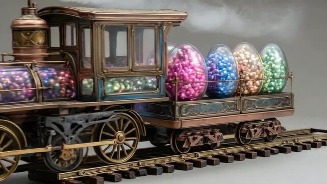 Steampunk candy train with colorful gumball cargo and intricate details