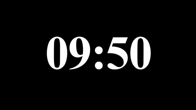 Digital countup clock timer in zero second to 10 minute. White text number on isolated black background. 10 minute countdown timer with black background. Motion graphics of timer concept