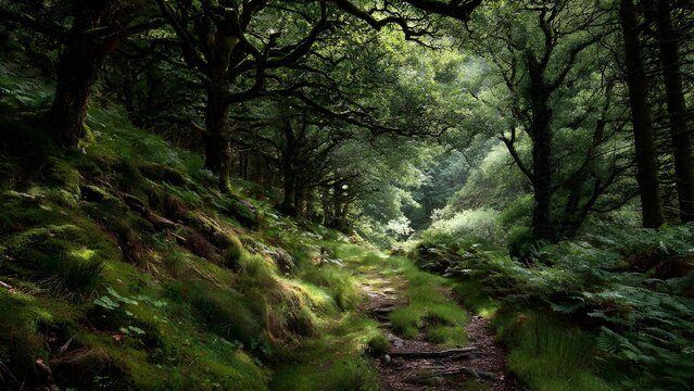 Beautiful, isolated, serene, unpopulated landscape showcasing Exmoor &ndash; Coastal moors, wooded valleys