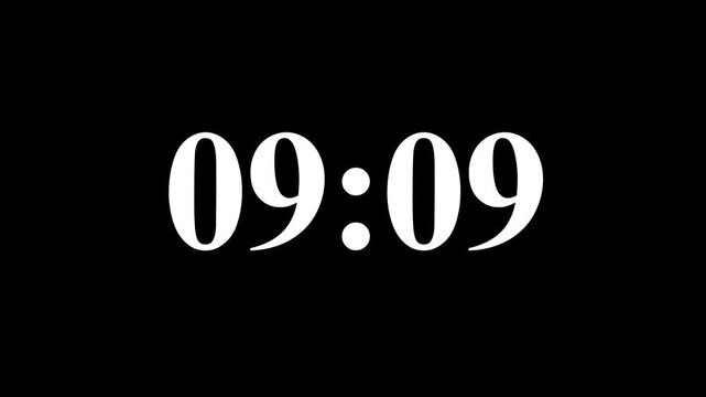 Digital countup clock timer in zero second to 10 minute. White text number on isolated black background. 10 minute countdown timer with black background. Motion graphics of timer concept