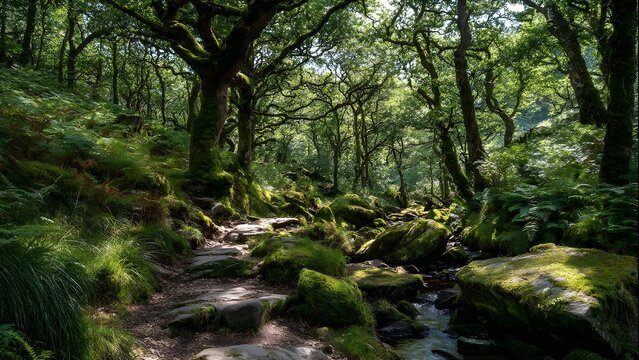 Beautiful, isolated, serene, unpopulated landscape showcasing Exmoor &ndash; Coastal moors, wooded valleys