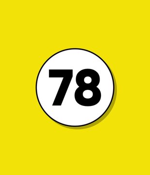 Minimalist number seventy eight animation appearing in white circle over yellow background with drop shadow effect