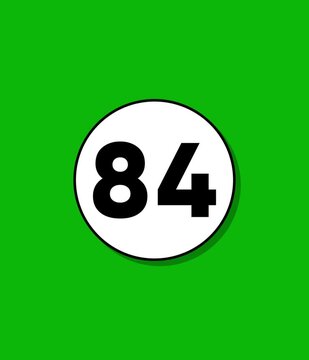 Animated number eighty-four appearing on simple green background with white circle motion graphic