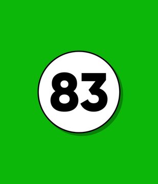 Number 83 appearing on a white circle with shadow on green background, abstract animation