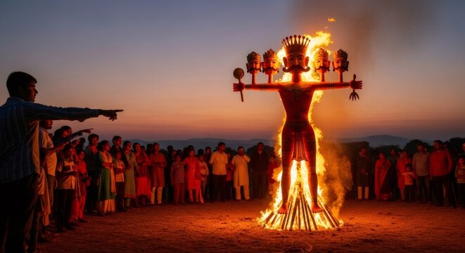 People burning effigy during Dussehra or Vijaya Dashami celebration at sunset. Indian festival symbolizing triumph of good over evil. Religious tradition.