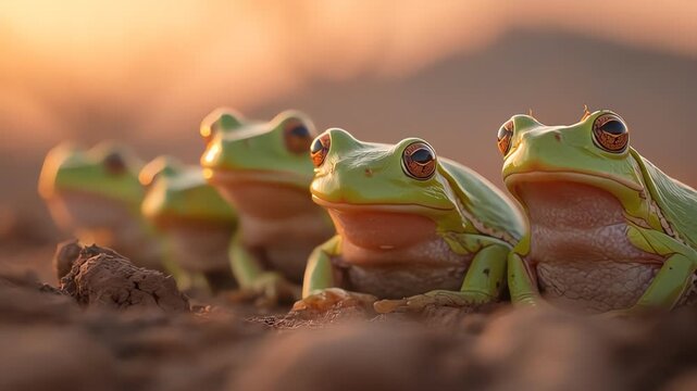 Line of green tree frogs during golden hour