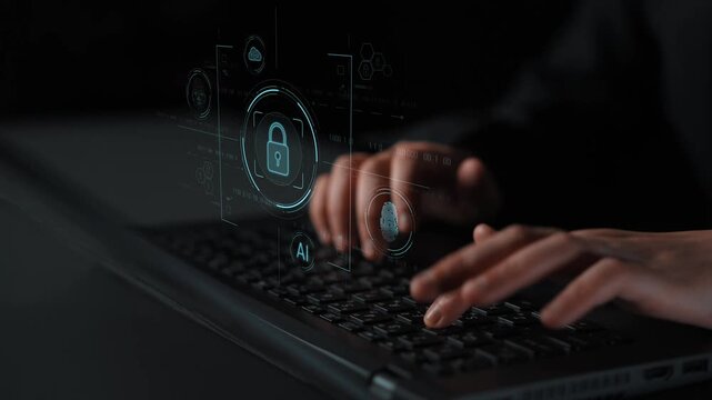 Cybersecurity system interface with biometric lock and data protection. Cybersecurity protects access, identity, cyber security prevents threats, and cyber security supports digital systems. Marrow