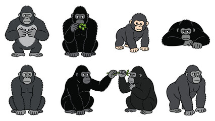 Illustration of various primate species in different poses and activities, showcasing monkey behavior and interaction in a simple graphic style © Ube
