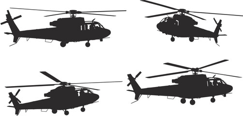 Four Silhouette Helicopters Different Angles aviation © Priyom