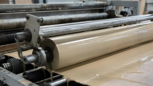 Medium frame showing rollertype spreader distributing a consistent film of adhesive on veneer emphasizing efficiency and uniform coverage in the prepping process.