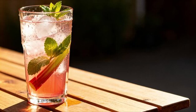 refreshing sparkling rhubarb lemonade with ice and mint for spring drink business