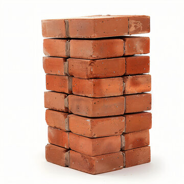 Stack of red clay bricks isolated on white background