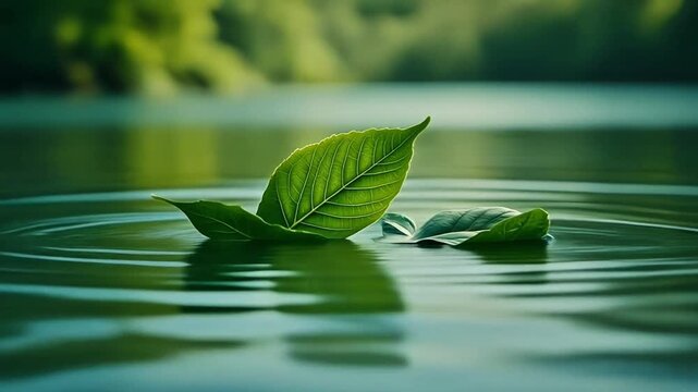 Aerial view of green leaves floating on rippling water surface in a serene lake, slow motion video footage, 4k clip