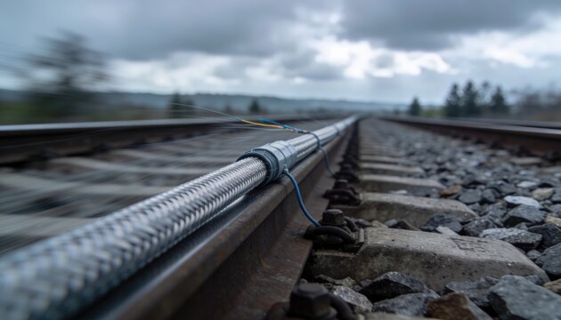 Medium shot of a railway corridor featuring a longdistance fiber optic cable running parallel to the train tracks under an overcast sky emphasizing infrastructure detail with