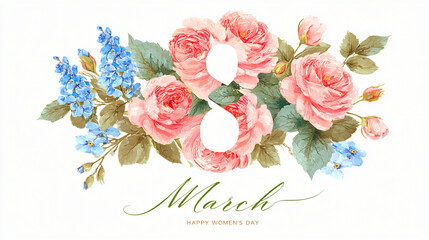 Pink roses and blue flowers bouquet for International Women's Day