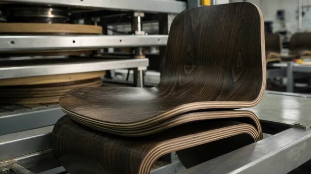 Darkstained plywood chair seats take form under pressing machines showcasing rich hues and grain patterns for elegant bentwood furniture production.