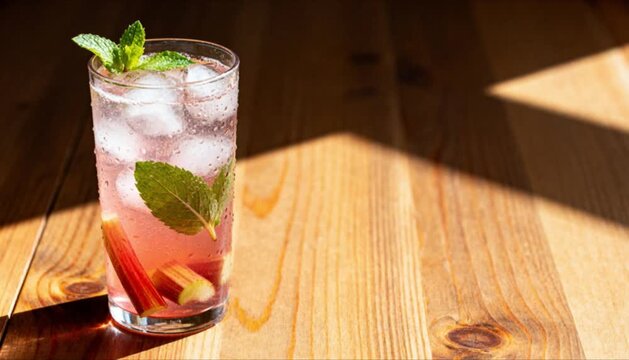 refreshing sparkling rhubarb lemonade with ice and mint for spring drink business