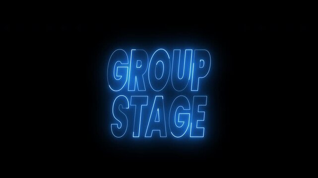 Glowing blue words group stage centered stark black background. Suitable for event promotions, highlighting key information, or showcasing important details.