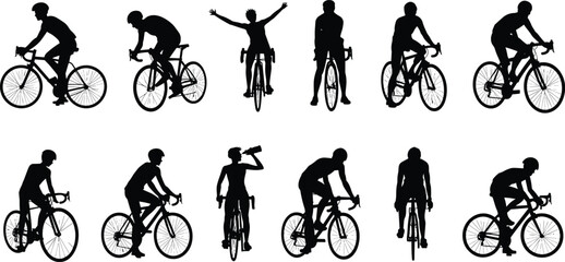 Naklejka premium Cyclists Silhouettes in Various Poses on White Background