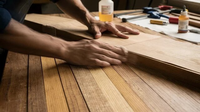 Medium shot captures the process of quartersawn wood veneers being backed and aligned highlighting distinctive linear grain patterns and woodworker techniques.