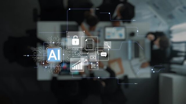 Abstract digital illustration of artificial intelligence technology concept in modern workspace with icons representing data security and analytics Gluon.