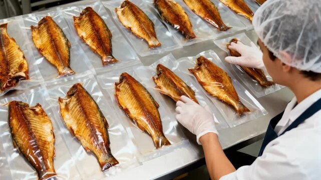 Skilled packager handling skinless smoked fish fillets carefully positioning them in transparent packaging for retail display in a clean processing facility.