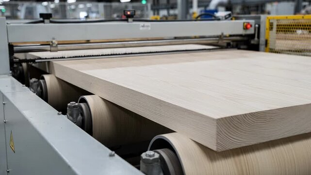 Medium angle focusing on longgrain peeled veneer strip as it moves through mechanical shears highlighting smooth panel edge formation in a clean factory setting.