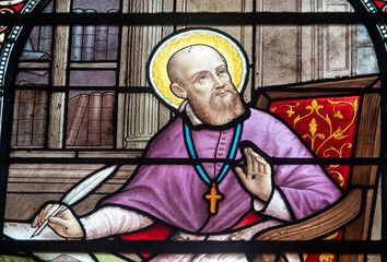 Stained glass (1916) of Saint Francis de Sales. Doctor of the Catholic Church, founder of the Order of the Visitation.