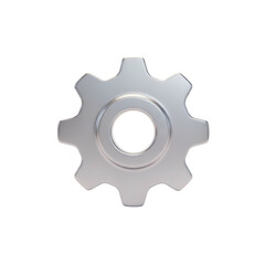 Metallic gear icon with radial teeth and a central aperture, isolated on black background