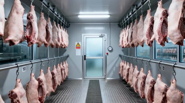 Refrigerated chamber with hog sides suspended on ceiling rails highlighting hygienic meat handling and efficient space utilization in a modern butchery environment.