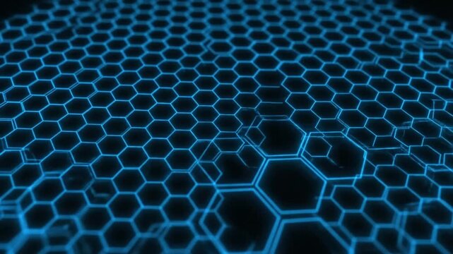A grid of glowing blue hexagonal shapes expands and animates across a dark background, forming a futuristic and technological surface.