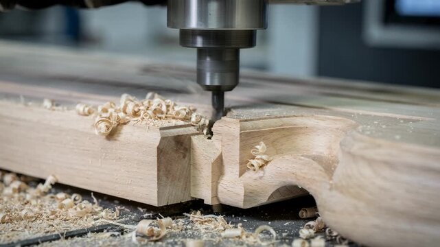 Wood profile cutting with CNC machine focused on the creation of detailed door casings emphasizing accuracy and smooth edges in advanced manufacturing.