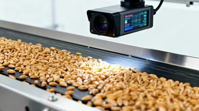 Medium shot of a conveyor belt carrying cereal grains under a deeplearning camera system detecting texture and color variations for quality grading in real time.