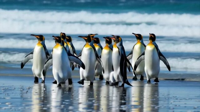 A group of penguins with yellow markings walk on a beach near the ocean