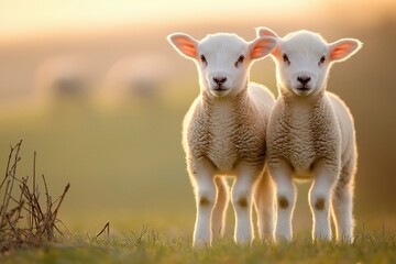 Fototapeta premium Twin lambs standing side by side in a grassy field, backlit by warm golden hour sunlight, showing innocence and farm life
