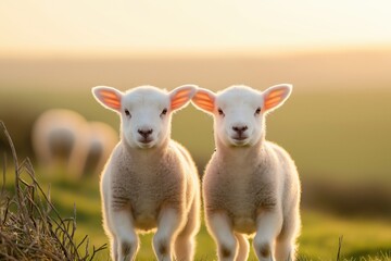 Obraz premium Two adorable white lambs standing side by side in a green field during golden hour, presenting innocence and new life
