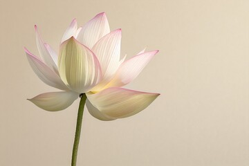 Obraz premium A beautiful pastel pink lotus flower in soft focus against a simple background. Spiritual symbol for meditation and wellness.