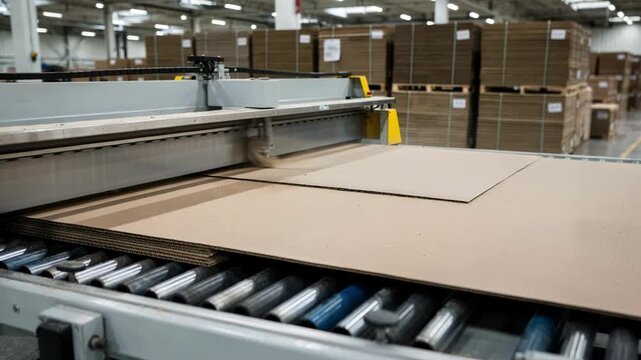 Medium shot capturing cardboard sheets being cut and trimmed on a guillotine line then bundled tightly in stacks for shipment.